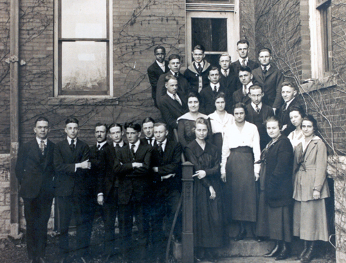 Figure 2: The DePauw University Science Club, 1918. Julian is at top left. Juilan’s advisor, William Blanchard, is in the bottom row, third from left.