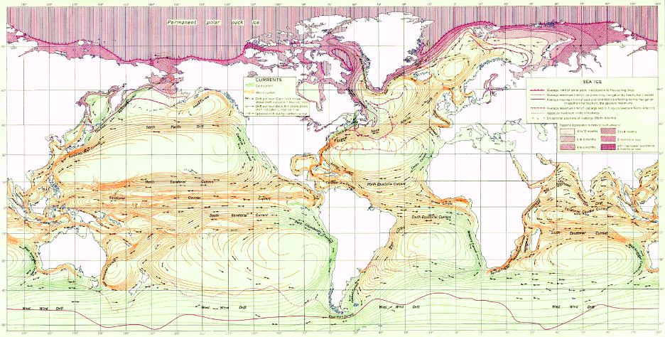 Figure 6: Ocean Currents and Sea Ice from Atlas of World Maps, United States Army Service Forces, Army Specialized Training Division. Army Service Forces Manual M-101 (1943). (Public Domain) The North Pacific Drift is a slow warm water current that flows from west-to-east and at the latitude of 30 - 50 degrees North, in the Pacific Ocean. It forms the southern part of the North Pacific Subpolar gyre.