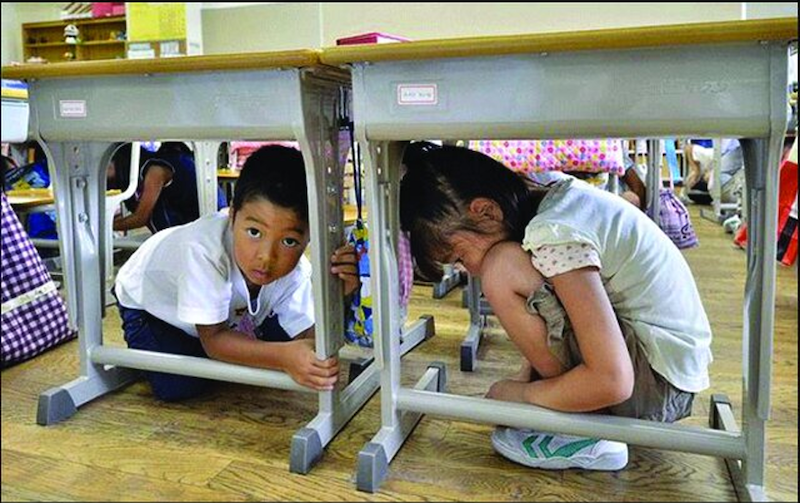 Figure 1: Elementary students during an earthquake drill in Japan.