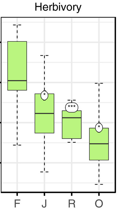 Figure 7: Graph showing changes in energy flux from plant eating - herbivory -  with conversion of rainforest (F) into jungle rubber (J), rubber(R), and oil palm plantations (O).