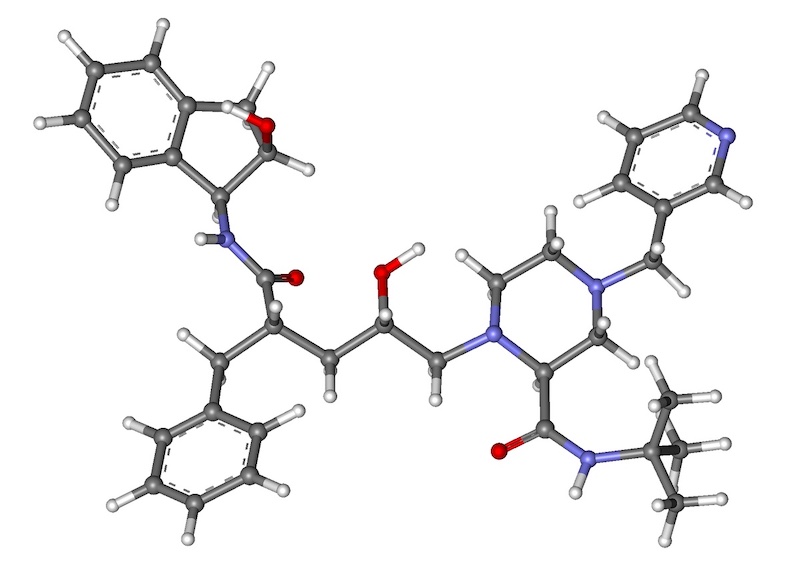 Figure 5: This ball-and-stick model shows the structure of the antiretroviral drug Crixivan. Gray spheres = carbon atoms. White spheres = hydrogen atoms. Red spheres = oxygen atoms. Blue spheres = nitrogen atoms. As shown in the model, these four elements have different valencies, and thus form a different number of bonds.