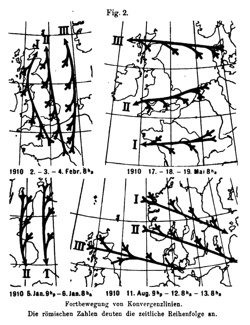 Figure 5: A figure from Jacob Bjerknes’ 1917 paper showing the movement of convergence zones over four different time periods in 1910.