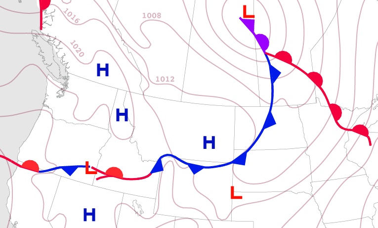 Figure 8: A portion of the weather map shown in Figure 1, depicting the location of a cold, warm, occluded, and stationary front.